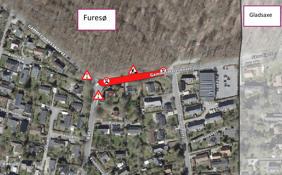 Gl. Hareskovvej spærres fra Åvej til Rolighedsvej i otte uger. Skitse; Furesø Kommune.