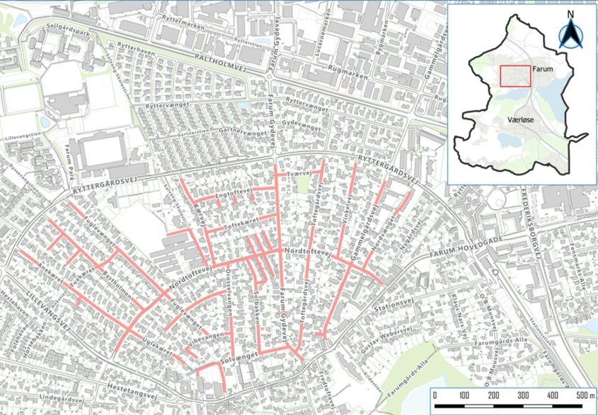 Området mellem Farum Hovedgade, Ryttergårdsvej og Lillevangsvej er nu 40 km/t. zone. Skitse: Furesø Kommune´.