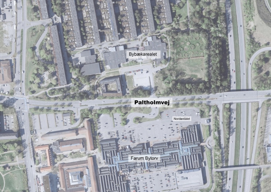 Furesø Kommune lægger op til at gøre et stykke af Paltholmvej til stillevej/byvej for at sikre sammenhæng mellem Bybækområdet og Farum Bytorv. Skitse: Furesø Kommune.
